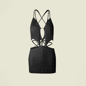 Lyrical Dance Dress Women's Pink Fringe Cutout Halter Mini Dress, Latin Dance Dress Women's Black Fringe Cutout Halter Mini Dress, Latin Dance Dress Women's White Fringe Cutout Halter Mini Dress