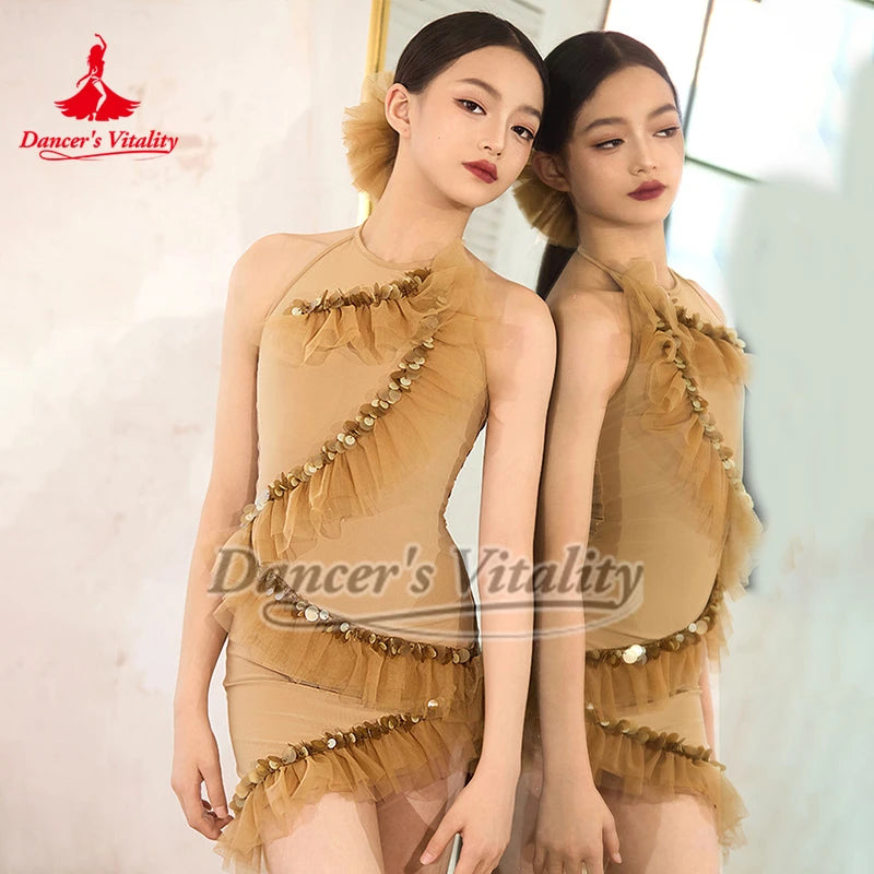 Girls' Black & Beige Sequin Ruffle Halter Neck Latin Dance Dress