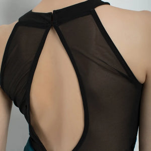 Women's Black Mesh Halter Bodysuit and Teal High-Waisted Wide-Leg Pants Latin Ballroom Dancewear