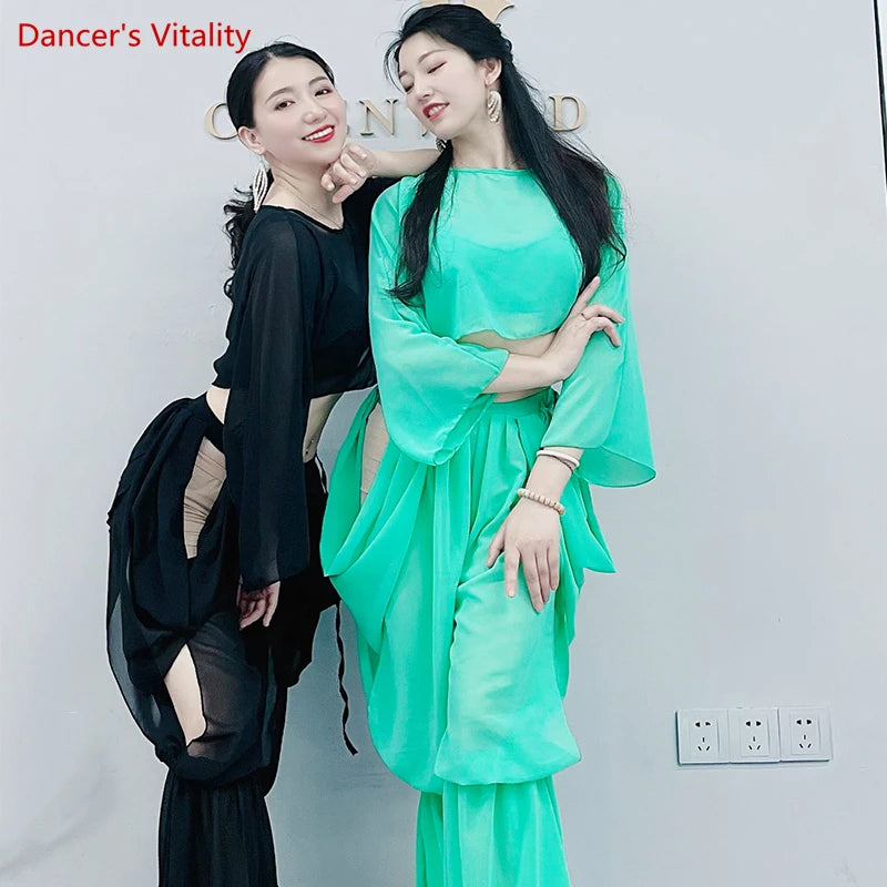 Women's Belly Dance Training Outfit With Long-Sleeve Top And Chiffon Lantern Pants