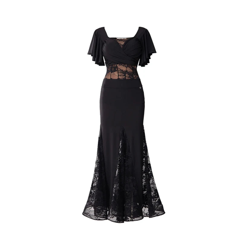 Women's Black Lace Panel Ruffle Sleeve Latin Ballroom Dance Dress