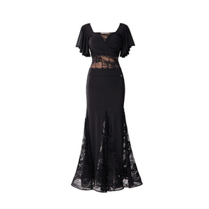 Women's Black Lace Panel Ruffle Sleeve Latin Ballroom Dance Dress