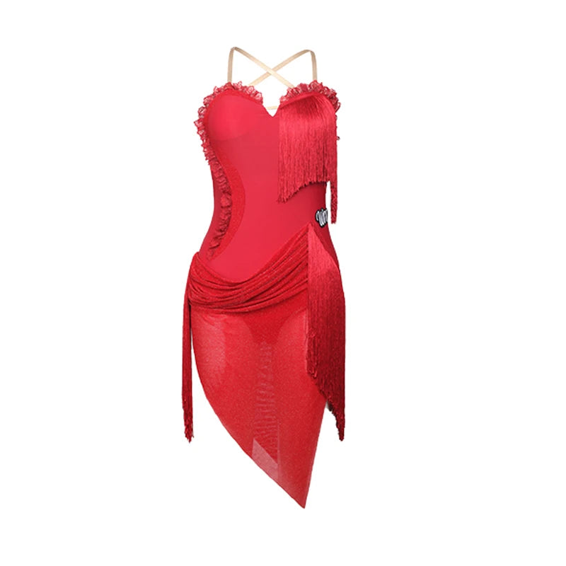 Latin Dance Dress Women's Red Fringe Asymmetrical Hem Spaghetti Strap Performance Dress