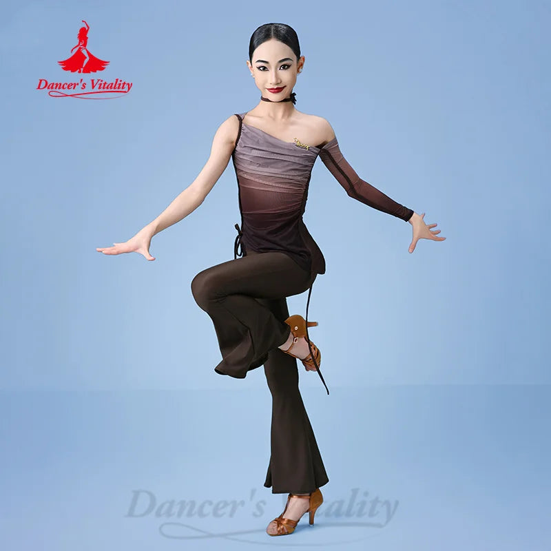 Girls' Ombre One-Shoulder Mesh Latin Dance Top and Flared Pants Set - Brown/Beige, Ruched, Long Sleeve