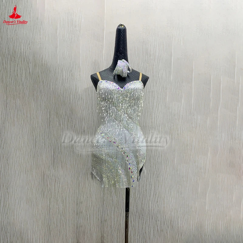 Women's Latin Ballroom Dance Dress With Beaded Fringe Sleeveless For Competition And Performance