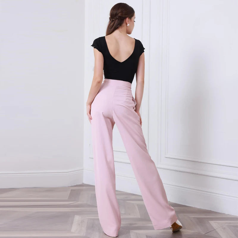 Women's Pink High-Waisted Wide Leg Ballroom Dance Pants
