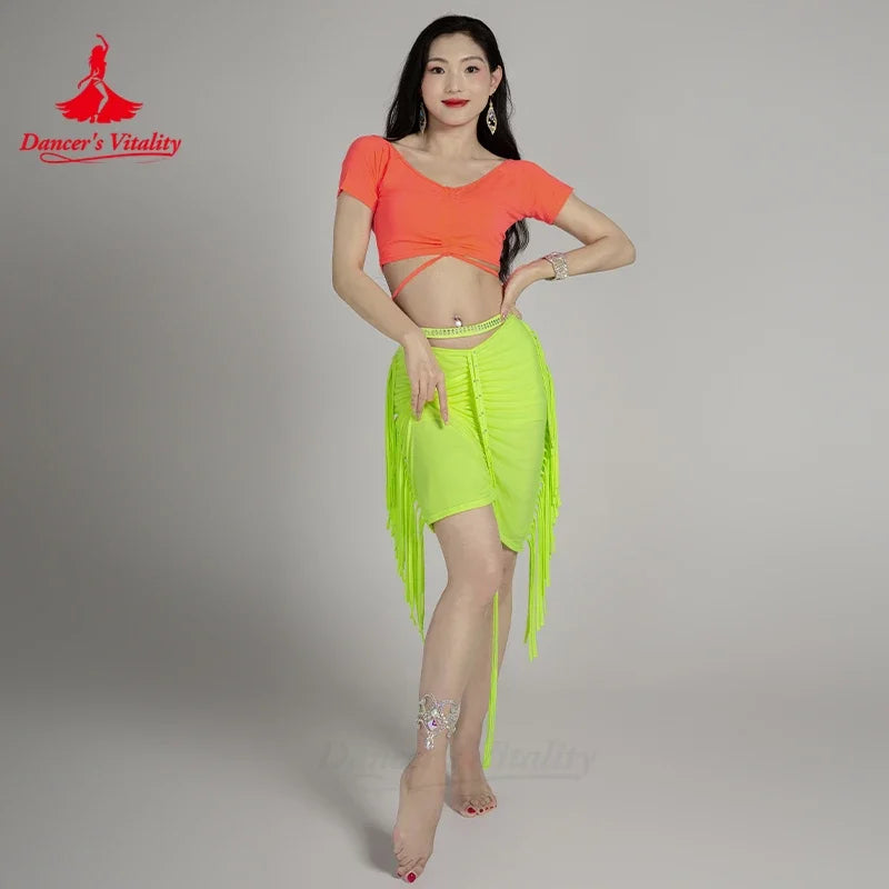 Belly Dance Costume Women's Neon Green Short Sleeve Crop Top with Criss-Cross Straps and Ruched Fringe Skirt