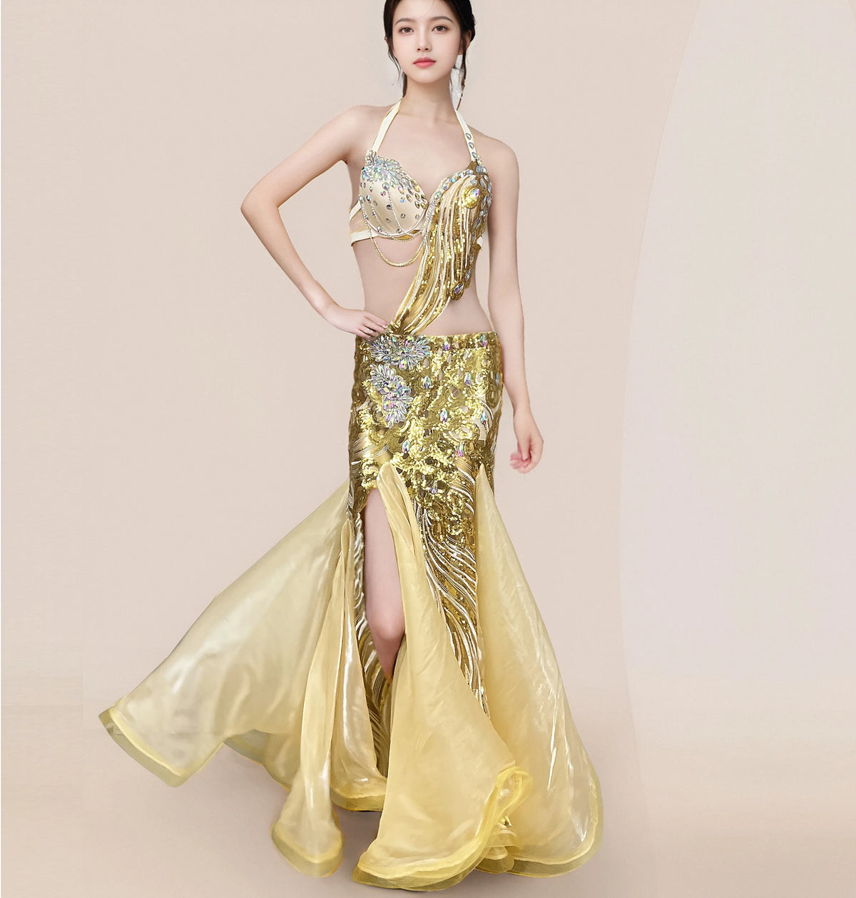 Belly Dance Costume Womens Gold Sequin Halter Top High Slit Skirt Set