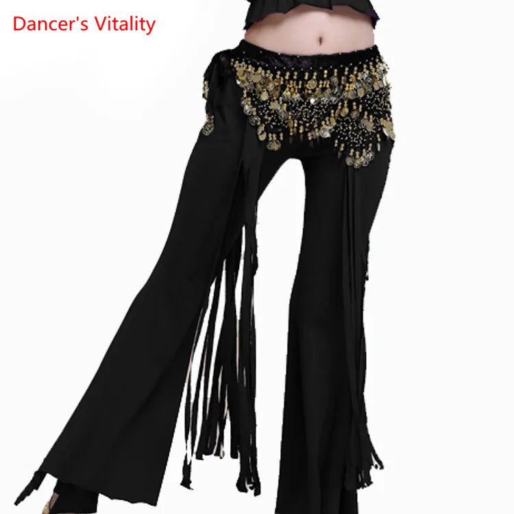 Belly Dance Pants Women's Yellow Sequin Hip Scarf Bell Bottom Slit Leg Pants for Oriental Dance Performance