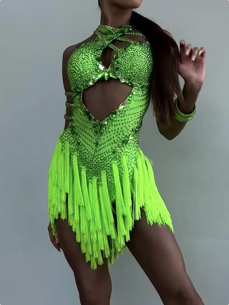 Women's Neon Green Sequin Fringe Latin Dance Dress