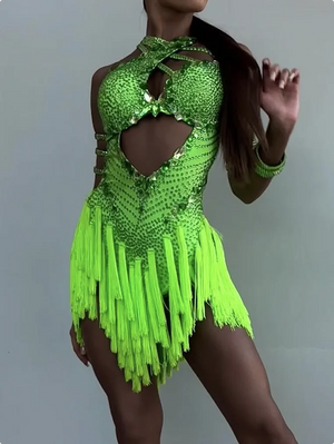 Women's Neon Green Sequin Fringe Latin Dance Dress