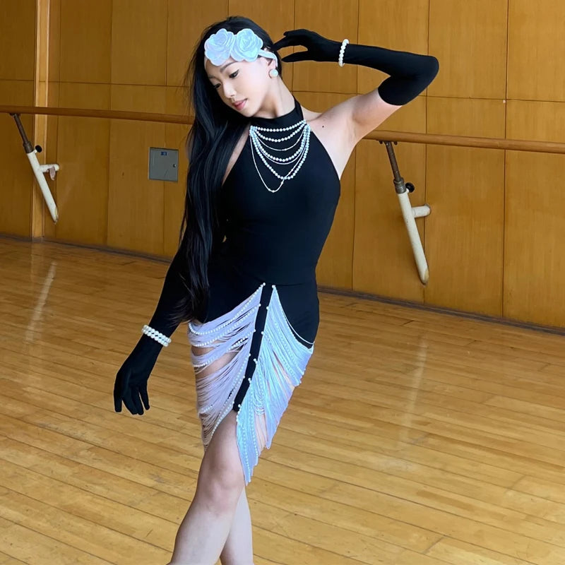 Women's Black Halter Neck Pearl Fringe Latin Dance Dress