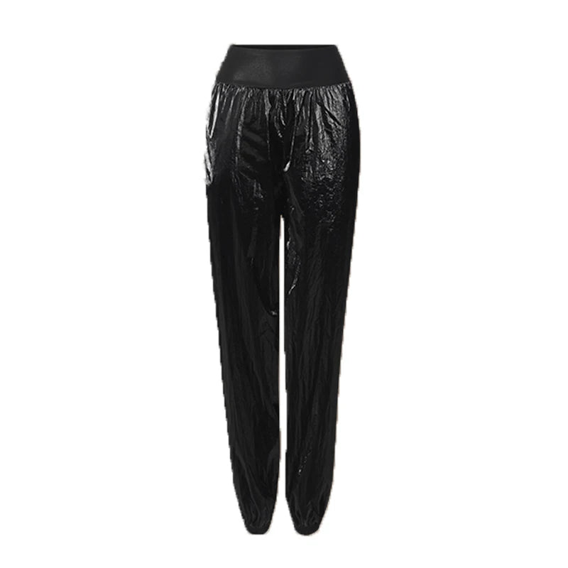 Women's Black Shiny High-Waist Loose Fit Jogger Dance Pants for Hip Hop