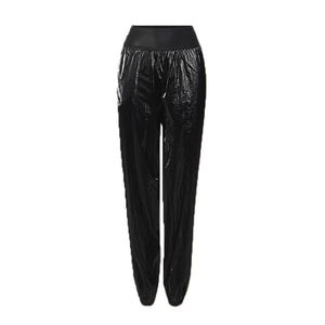 Women's Black Shiny High-Waist Loose Fit Jogger Dance Pants for Hip Hop