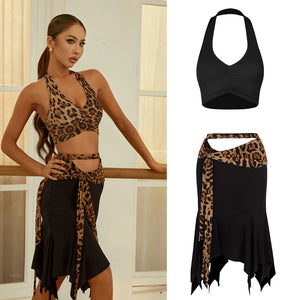 Women's Black & Leopard Print Halter Crop Top & Asymmetrical Skirt Latin Dancewear Set, Ruched V-Neck, Tie-Waist