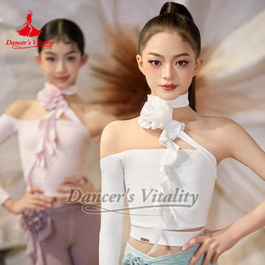 Women's Pink & White Off-Shoulder Ruffle Dance Top and Leggings Set with Floral Accents, Modern Contemporary Dance