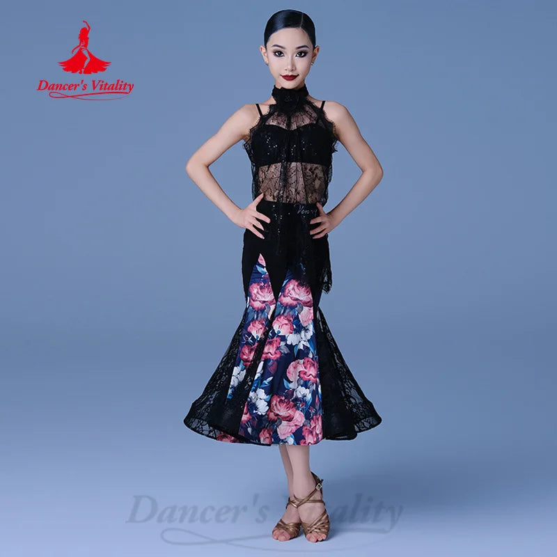Girls Black Floral Lace Ballroom Dance Dress - High Neck, Sleeveless, Mermaid Skirt