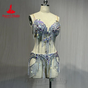 Women's Belly Dance Costume Set With Rhinestone Tassel For Professional Performance