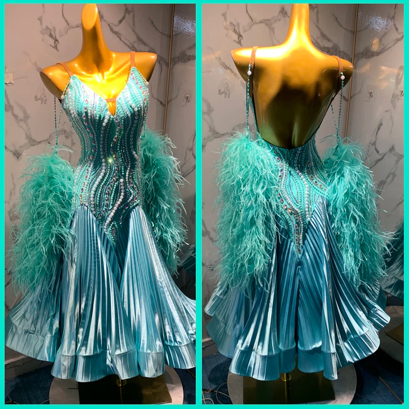 Women's Aqua Blue Sequin Ostrich Feather Pleated Latin Rhythm Dance Dress