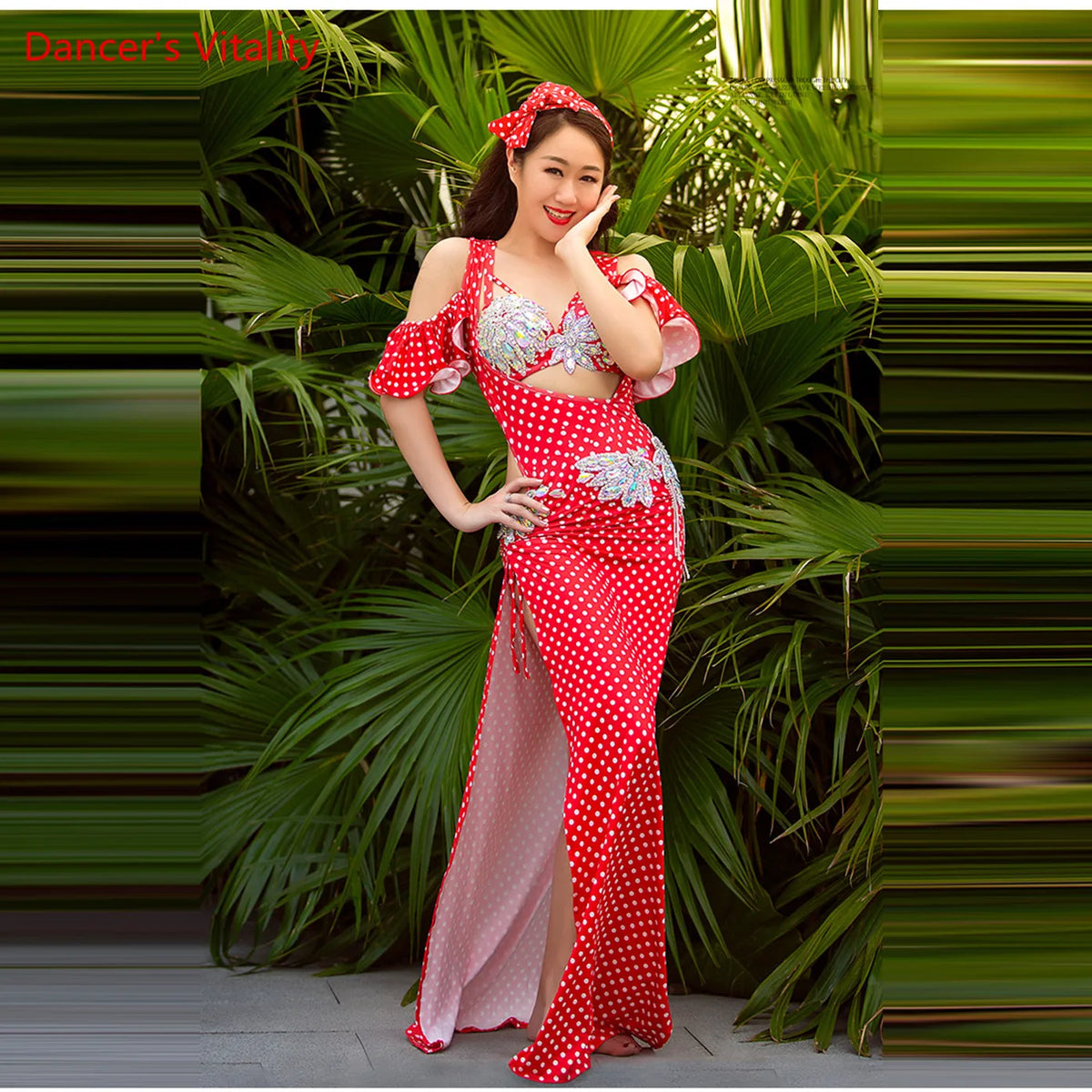 Women's Red Polka Dot Sequin Belly Dance Costume Set with Slit Skirt