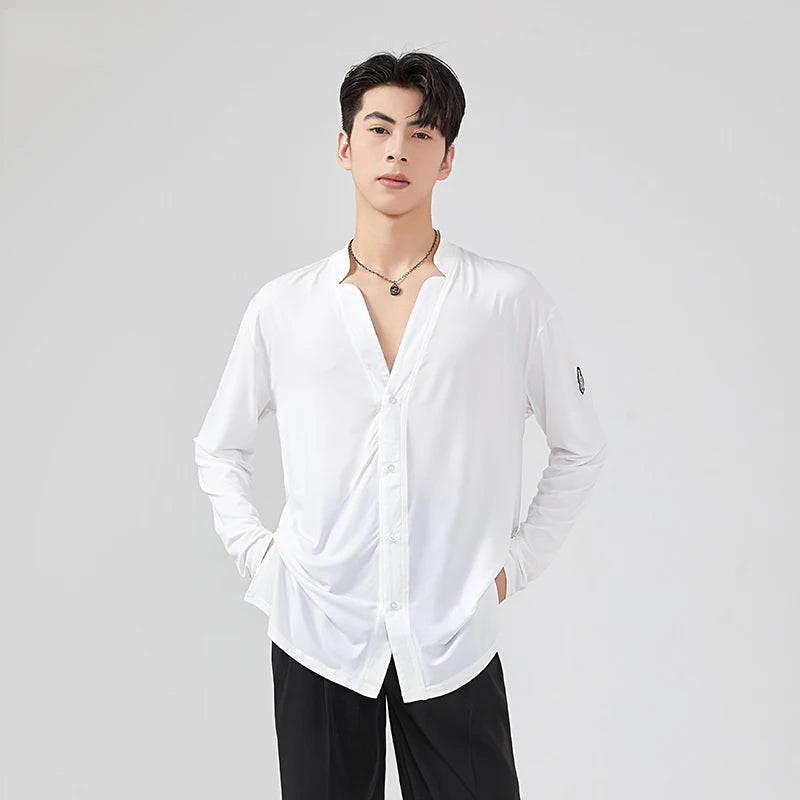 Men's Black Loose Fit V-Neck Long Sleeve Shirt for Ballroom Dance