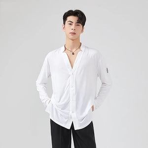 Men's Black Loose Fit V-Neck Long Sleeve Shirt for Ballroom Dance