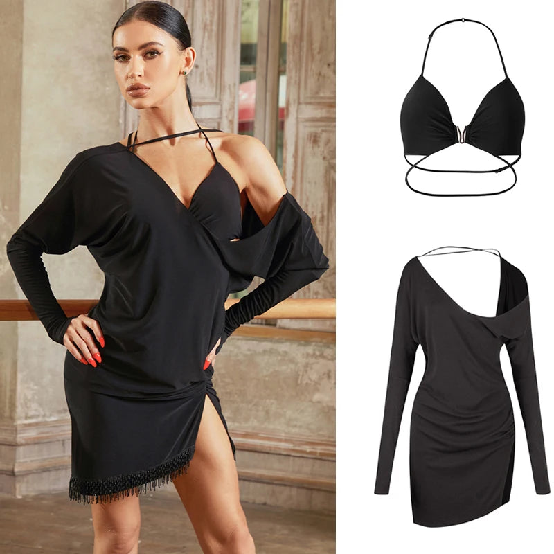 Women's Black Halter Neck Dolman Sleeve Fringe Hem Latin Dance Dress