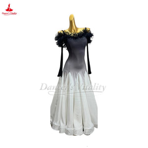 Women's Black & White Ombre Off-Shoulder Ruffled Long Sleeve Standard Ballroom Dance Dress