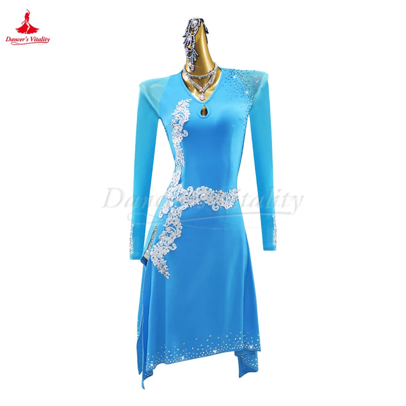 Latin Ballroom Dance Dress With Long Sleeves For Adults And Kids Competition And Graded Exam