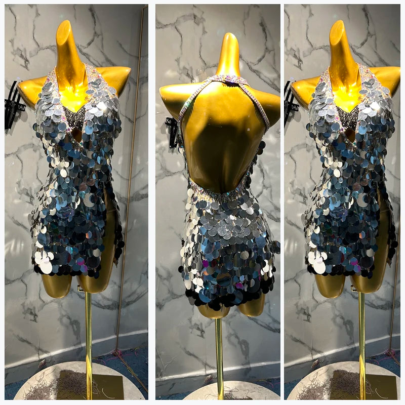 Dance Dress Women's Silver Sequin Halter Backless Fringe Latin Salsa Ballroom Costume