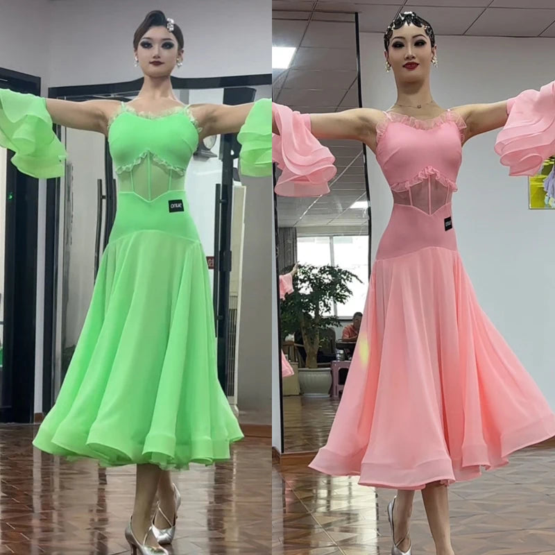 Women's Green Lace Mesh Ruffle Sleeve Ballroom Dance Dress, Women's Pink Lace Mesh Ruffle Sleeve Ballroom Dance Dress