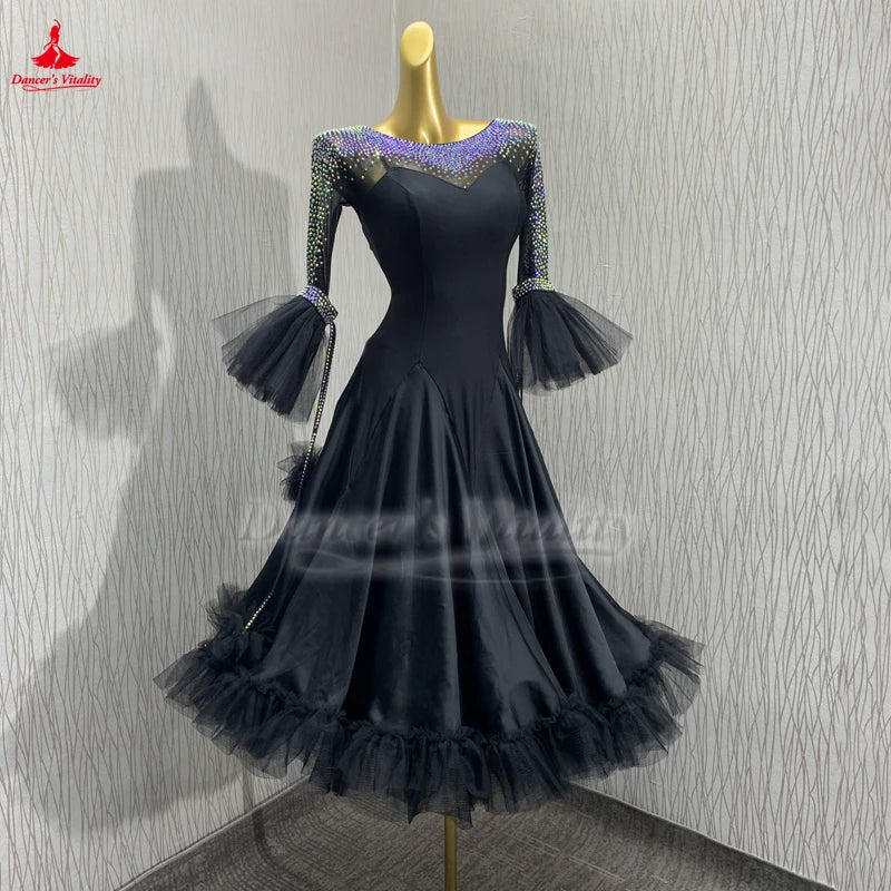 Standard Ballroom Dance Middle-length Sleeves AB Stones Black Big Swing Dresses Customize Adult Waltz Foxtrot Tango Clothing