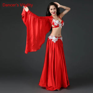 Belly Dance Costume Women's Royal Blue Satin Halter Bra Skirt Set with White Floral Applique and Arm Sleeves