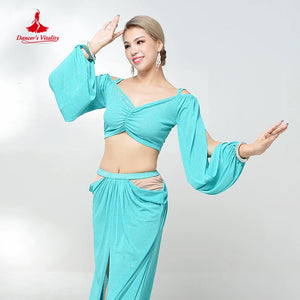 Women's Yellow Chiffon Long Sleeve Crop Top & Slit Skirt Belly Dance Costume