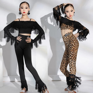 Kids Girls Black Fringe Latin Dance Crop Top and Pants, Leopard Print Fringe Latin Dance Crop Top and Pants