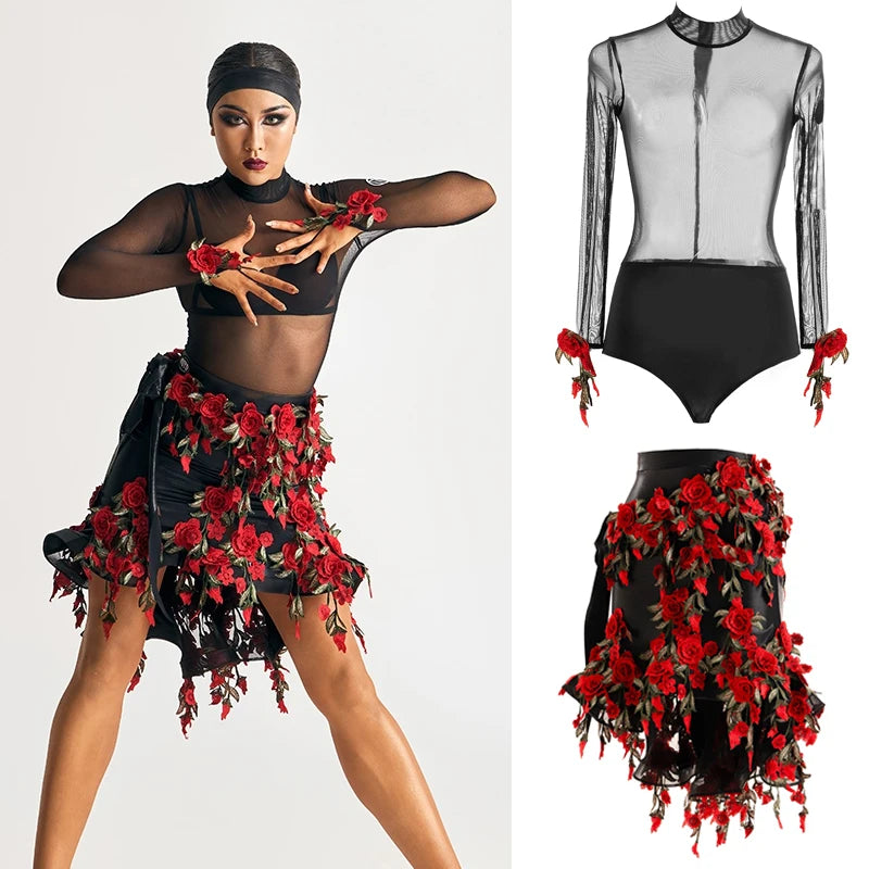 Women's Black Sheer Mesh Bodysuit & Rose Applique Asymmetrical Skirt Latin Dancewear Set