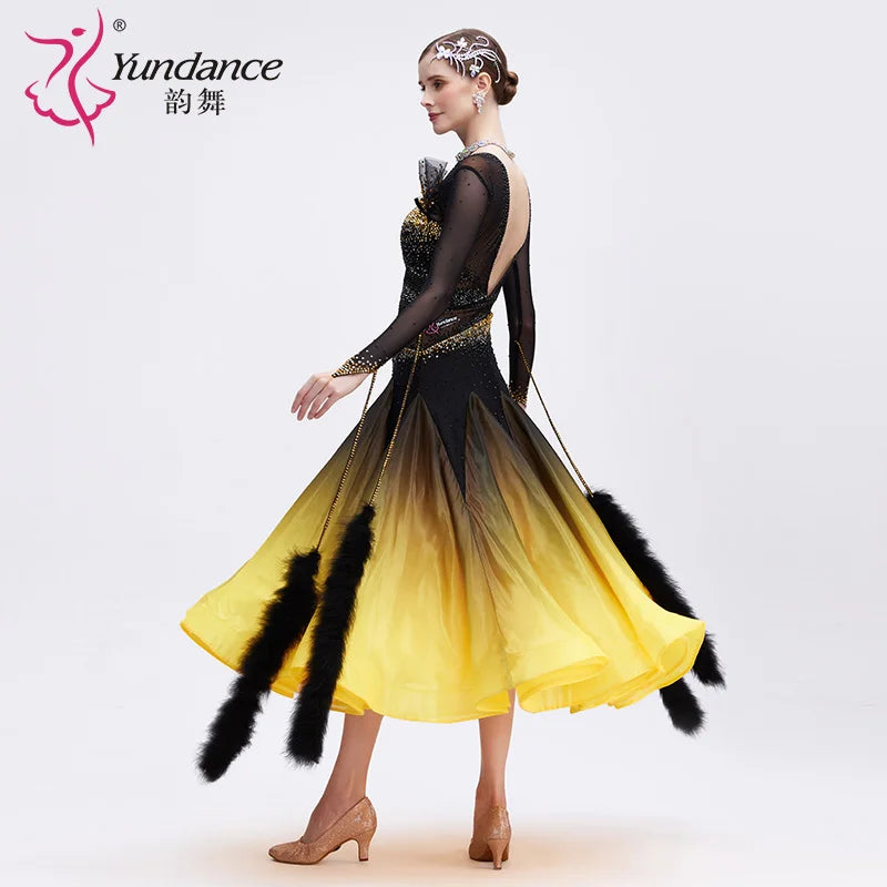 Women's Ballroom Dance Dress With Ombre Satin Chiffon In Yellow And Black For Competition