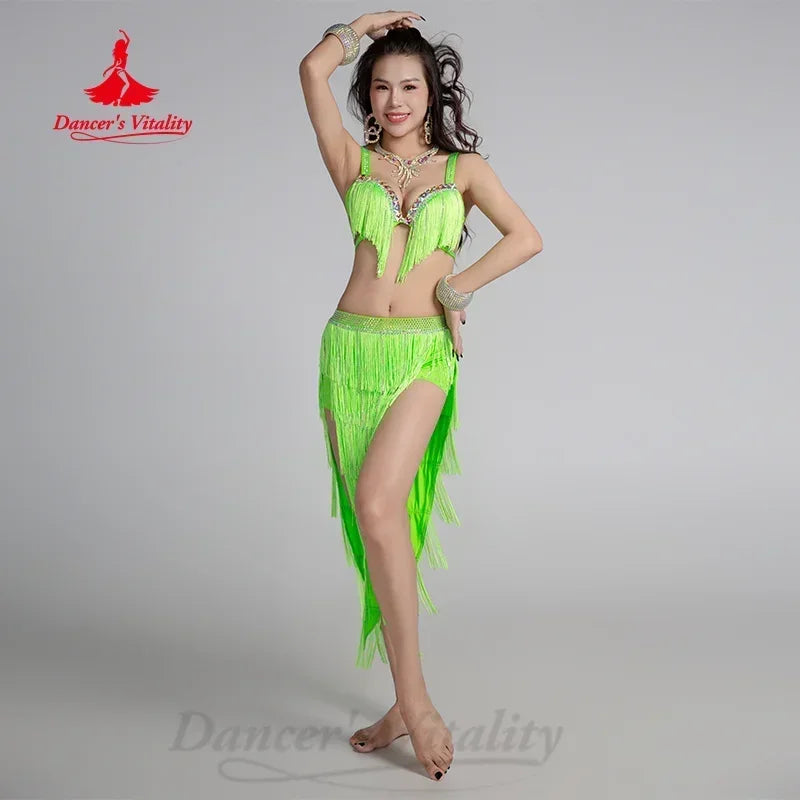 Women's Belly Dance Competition Costume Set With AB Rhinestone Bra and Tassel Split Skirt