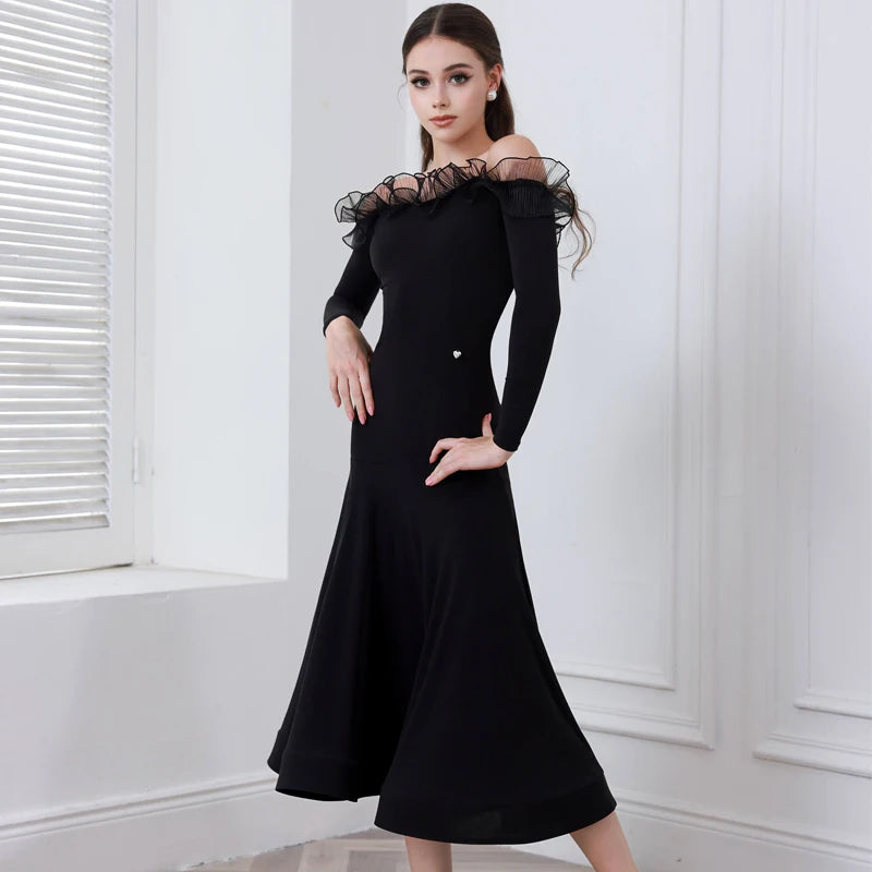 Ballroom Dance Dress Women's Black Off-Shoulder Ruffle Long Sleeve Mermaid Hem Standard Latin Performance Gown