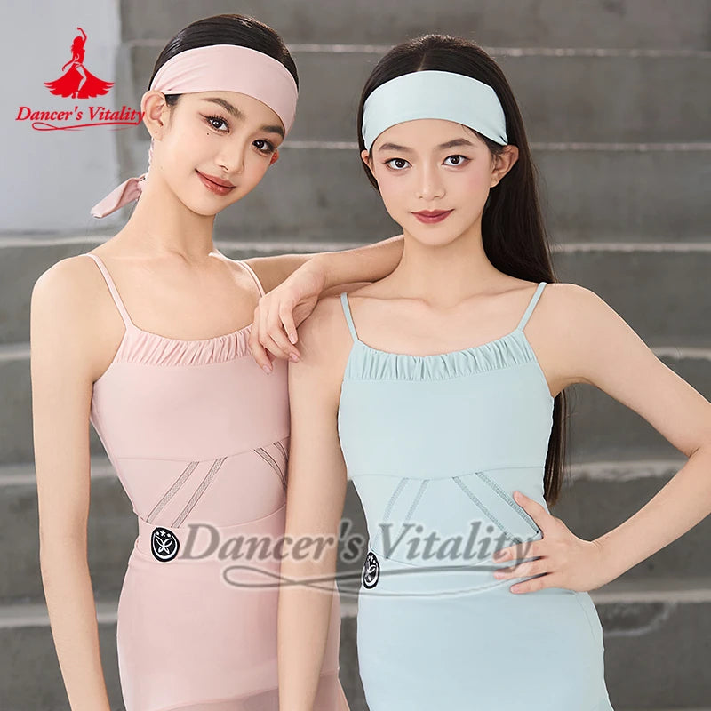 Women's Light Blue and Pink Spaghetti Strap Leotard with Headbands, Ruched Bodice, and Mesh Detailing for Latin Dance