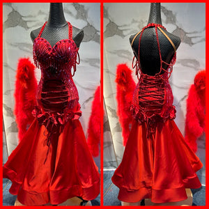 Women's Red Sequin Halter Neck Corset Ballroom Latin Dance Dress with Feather Boa
