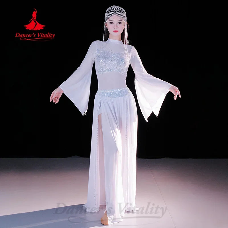 Belly Dance Costume Women's Black Sequin Mesh Long Sleeve Top & Slit Skirt Set for Performance