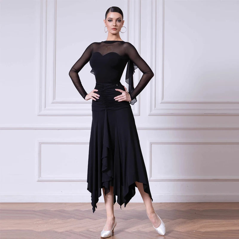 Dance Dress Women's Burgundy Mesh Long Sleeve Ruched Asymmetrical Hem Ballroom Latin Dance Dress
Dance Dress Women's Black Mesh Long Sleeve Ruched Asymmetrical Hem Ballroom Latin Dance Dress