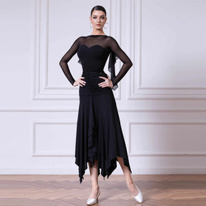 Dance Dress Women's Burgundy Mesh Long Sleeve Ruched Asymmetrical Hem Ballroom Latin Dance Dress
Dance Dress Women's Black Mesh Long Sleeve Ruched Asymmetrical Hem Ballroom Latin Dance Dress