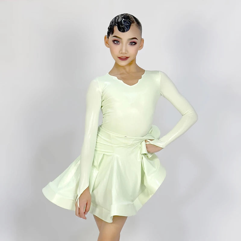 Girls' Latin Dance Dress, Patent Leather, Long Sleeve, V-Neck, Ballroom & Latin Dance