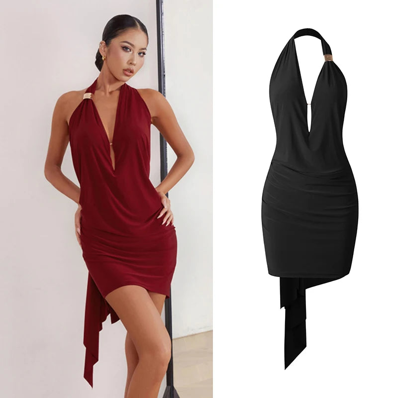 Women's Burgundy & Black Halter Ruched Bodycon Mini Dress with Plunge Neck and Asymmetrical Hem for Latin Dance