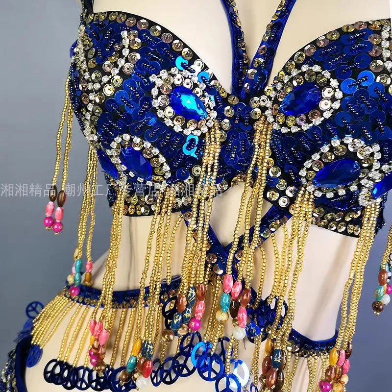Belly Dance Costume Women's Blue Sequin Beaded Fringe Halter Top and Hip Scarf Set for Eastern Dance Performance