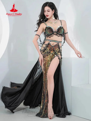 Belly Dance Costume Women Green Sequin Bra and Slit Skirt Set with Black Chiffon Panels for Professional Performance