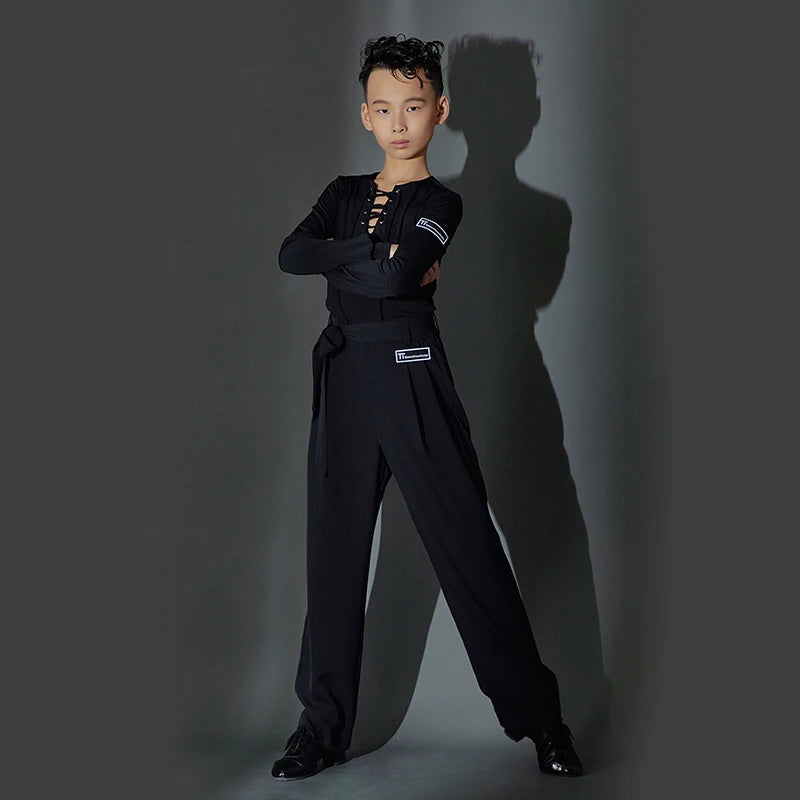 Boys Ballroom Dance Shirt with Lace-Up Neckline and High-Waisted Trousers, White, Lavender, Black Long Sleeve Latin Dance Top and Pants Set