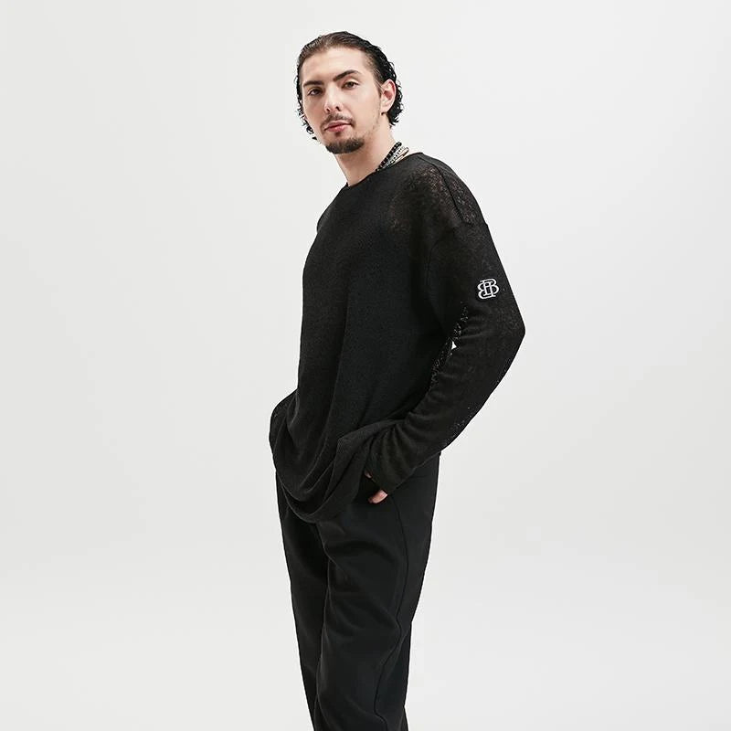 Men's Black Sheer Knit Long Sleeve Loose Fit Dance Top